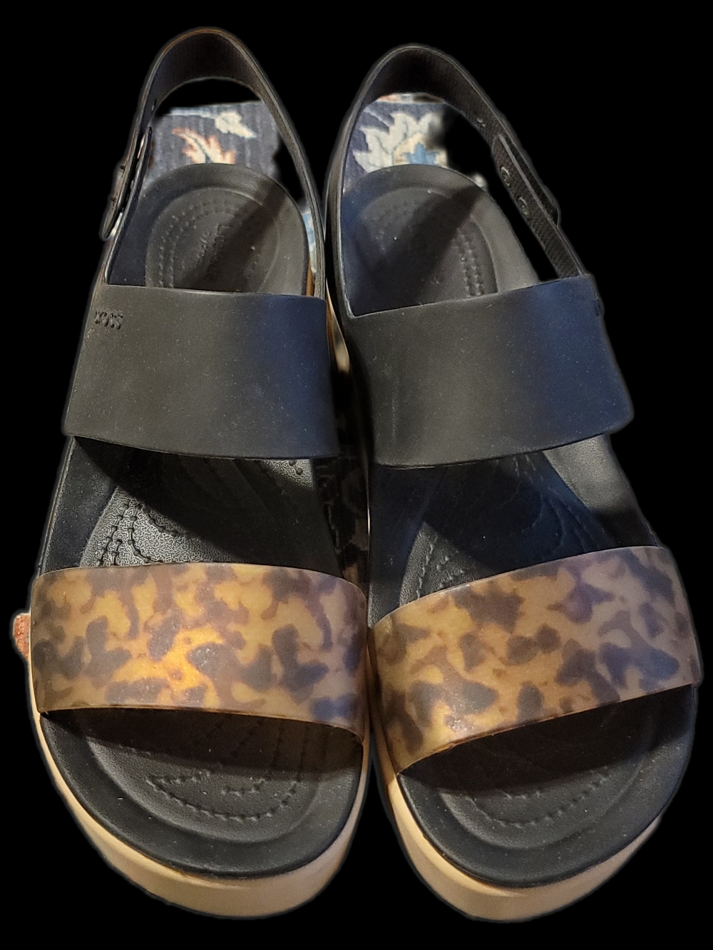 CROCS Women's Black and Brown Leopard-Print Sandals